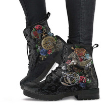Combat Boots - Steampunk Inspired Design #11 with Black Lace Print | Wom... - £70.75 GBP