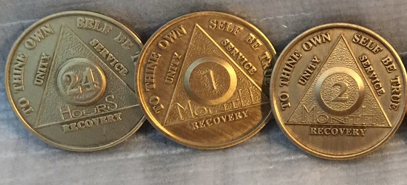 Primary image for Lot of 3 Alcoholics Anonymous AA Bronze 24hrs 1 2 Month Medallions Chips Coins