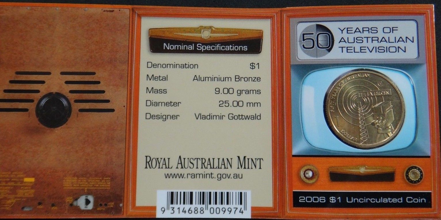 AUSTRALIA $1 UNC COIN 50 YEARS AUSTRALIAN TELEVISION 2006 RAM MINT IN COIN CARD - $18.49