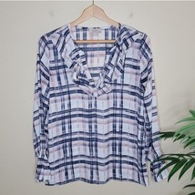 LOFT Outlet | Blue Pink White Plaid Ruffle Blouse, womens size XS - £11.60 GBP