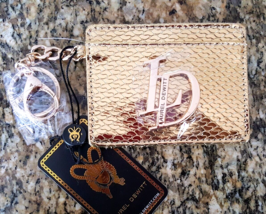 LAUREL DEWITT Rajah Gold Patterned Card Case Wallet with Keychain Clip NWT - $21.99