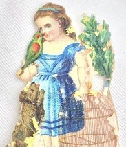 1880&#39;s Fancy Girl Bird Cage Dog Holly Die Cut Victorian Card Child Animals Dress - £7.84 GBP