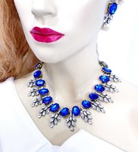 Royal Blue Statement Necklace, Rhinestone Necklace Set, Bridal Pageant Jewelry,  - £46.74 GBP