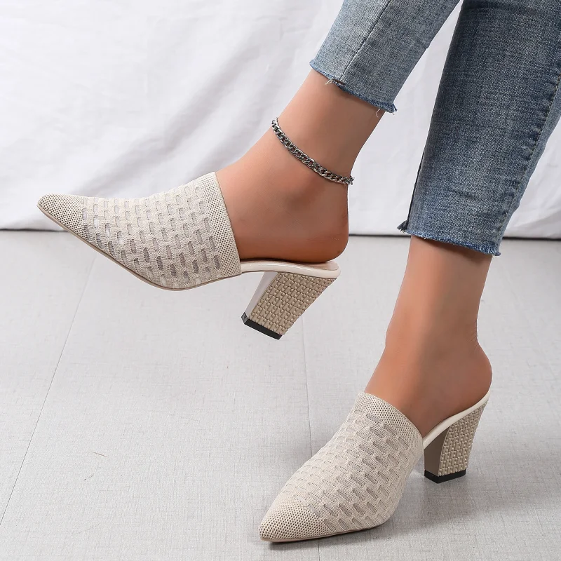 2024  New Korean Version of Baotou Half Slippers Outside Wear Pointy Coarse Heel - £49.23 GBP