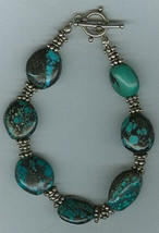 Puffed Oval Chinese Turquoise (Hubei?) Beads and Sterling Bali Beads Bracelet - £43.96 GBP