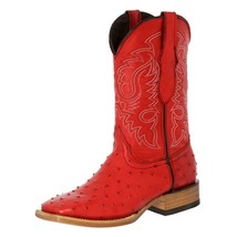 Mens Red Cowboy Boots Real Leather Pattern Ostrich Quill Western Square Toe - £85.12 GBP