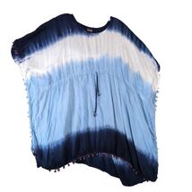Emily Stacy Blue Tie Dye Coverall Tunic Top Women&#39;s OSFA Drawstring Pom ... - $20.00