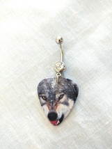 Fierce Wolf Snarling Fangs Printed Guitar Pick Clear Cz 14g Belly Ring Barbell - £3.94 GBP