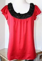 Sunny Leigh Red Silky Top Blouse Black Rosette Satin Collar Petite PP Macy&#39;s - £11.69 GBP