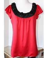 Sunny Leigh Red Silky Top Blouse Black Rosette Satin Collar Petite PP Ma... - £11.60 GBP