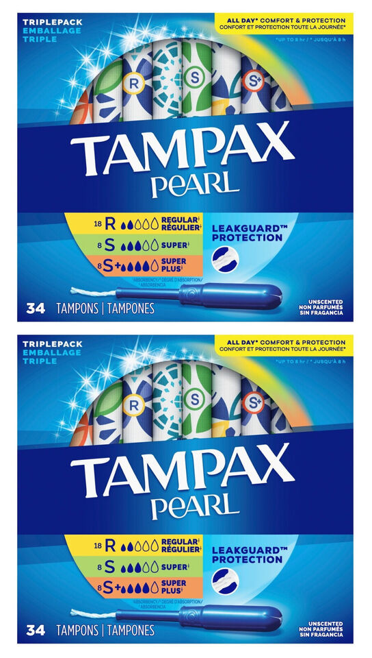 Primary image for 2x 34-Ct Multipack(18xR/8xS/8xS+) Tampax Pearl Tampons LeakGuard Braid UNSCENTED