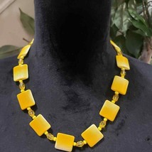 Women Yellow Square Stone with Lobster Clasp Necklace with Earings - $25.00