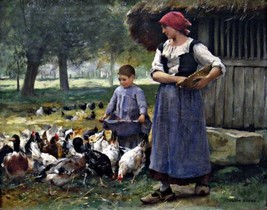 Farm Girl Feeding Chickens. Children Repro Giclee - £6.77 GBP+