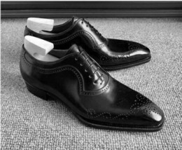 Men&#39;s Handmade black leather formal lace-up shoes, custom leather oxford... - $128.69+