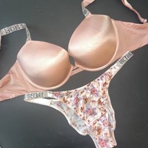 Victoria&#39;s Secret 34DDD Bra Set Xl Panty Pink Lilac Orange Floral Shine Strap - £62.56 GBP