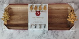 Christmas Tree Themed Wood Tray + set of 4 metal Cocktail Picks - Cheese &amp; meat - £14.78 GBP