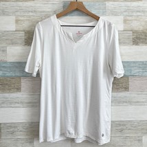 T Talbots Split Neck Jersey Tee Solid White Stretchy Soft Womens Large Petite LP - $29.69