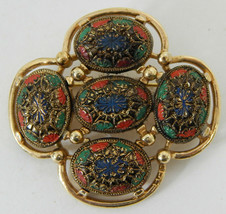 Vintage Gold Tone &amp; Multi-Colored Ornate Enamel Brooch BY Sarah Coventry - £20.46 GBP