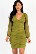 Olive Branch Green Ruched mesh long sleeve V neck mini dress - £11.99 GBP