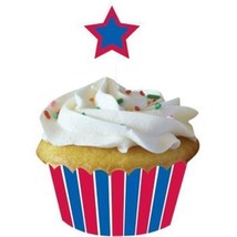 Red White Blue Patriotic Stars Cupcake Wrappers with Picks 12 Pack 2.25&quot;... - $10.99