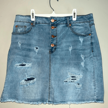Cato Women&#39;s 14 Blue Jean Skirt Button Fly Distressed Medium Wash Raw Hem - £15.30 GBP