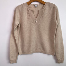 Evelyn Grace Cashmere Sweater M Beige Split Neck Long Sleeve Pullover - £27.23 GBP