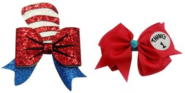 NEW Dr. Seuss Cat in the Hat Thing 1  2 Hair Bow Girl Clip Glitter 4.5 Inches - £4.71 GBP