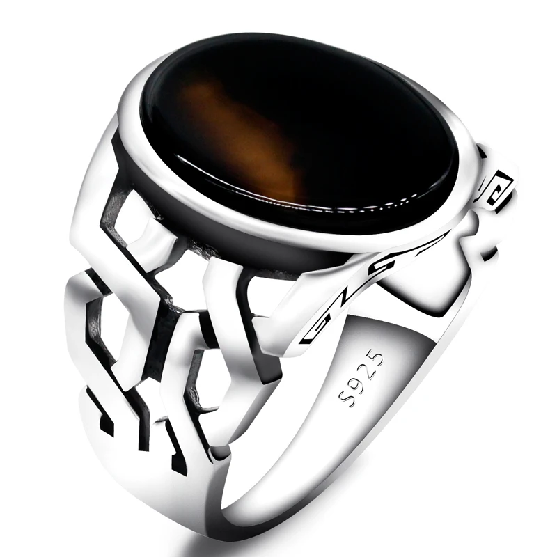 Real Pure 925 Sterling Silver Men Ring with Flat Agate Natural Stone Rings for M - £61.51 GBP
