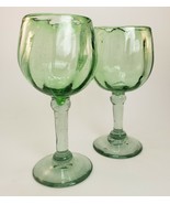 Hand Blown Art Glass Chalice Lot 2 Wine Water Goblet Green Artisan Recycled - $37.42