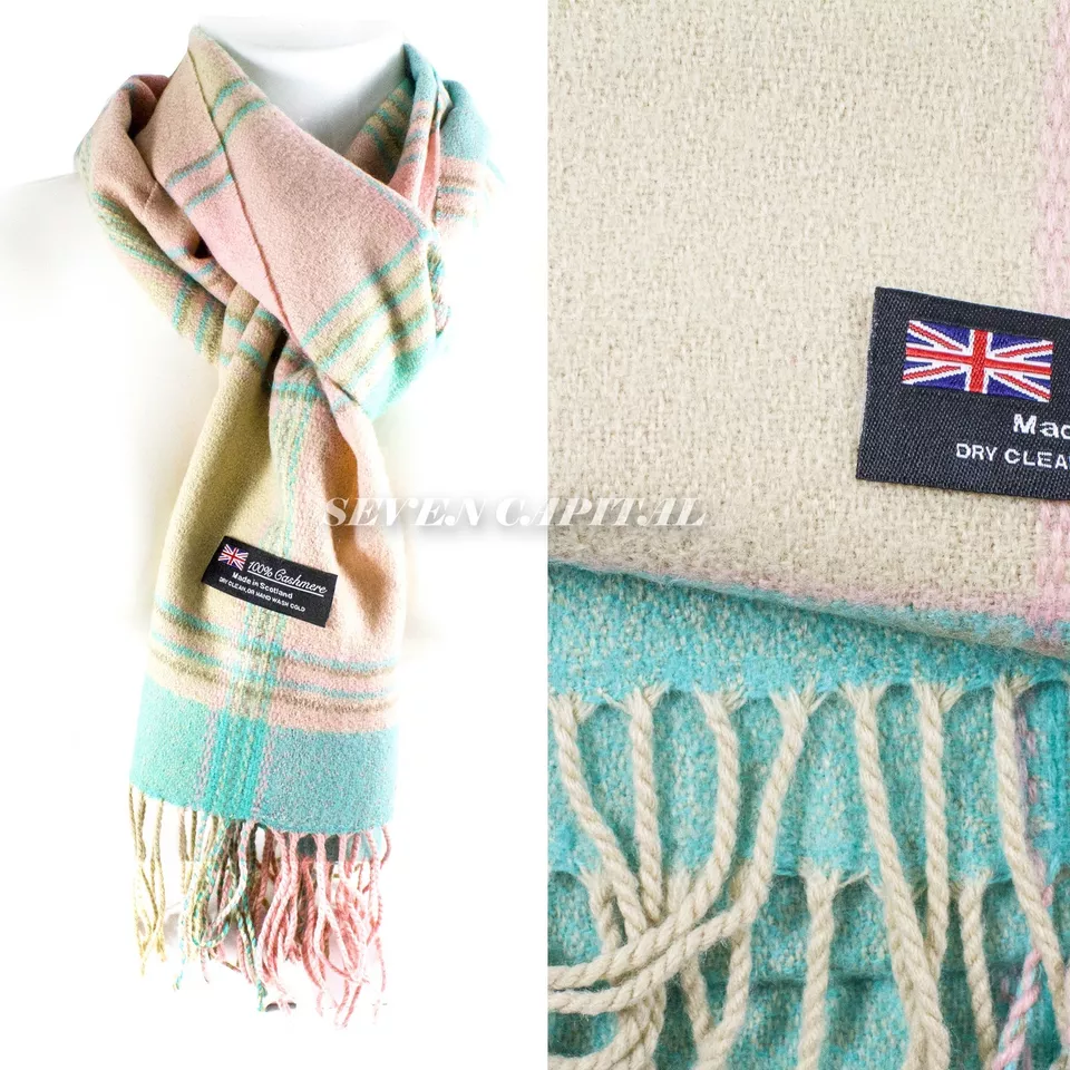 12 Milky Pink Blue Yellow Scarf 100% Cashmere Scotland Super Soft - £78.15 GBP