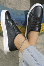 Black Lace up Laser Cut PU Leather Sneakers - £19.28 GBP