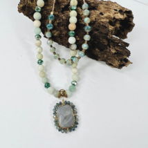 An item in the Jewelry & Watches category: Boho Amazonite Gemstone Double Strand Crystal Necklace Pendant Gold Tone