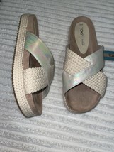 Toms Woven Trim Silver Iridescent Paloma Platform Leather Crisscross Slide SZ 12 - £87.27 GBP