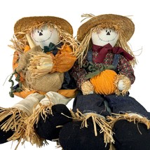 Decorative Harvest Scarecrow Couple With Straw Hats &amp; Fabric Clothing - £38.13 GBP