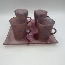 Nouveau Art Glass Rueven Hand Blown Pink Frosted Satin 4 Cups And Tray - £30.33 GBP