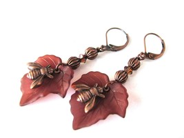 Bee themed Antique Copper Finish Earrings with Lucite Leaves and Swarovski Cryst - £15.75 GBP