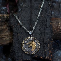 Viking Fenrir Necklace Gold Silver Stainless Steel Helm of Awe Rune Wolf Pendant - £22.01 GBP