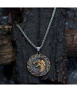 Viking Fenrir Necklace Gold Silver Stainless Steel Helm of Awe Rune Wolf... - £22.11 GBP