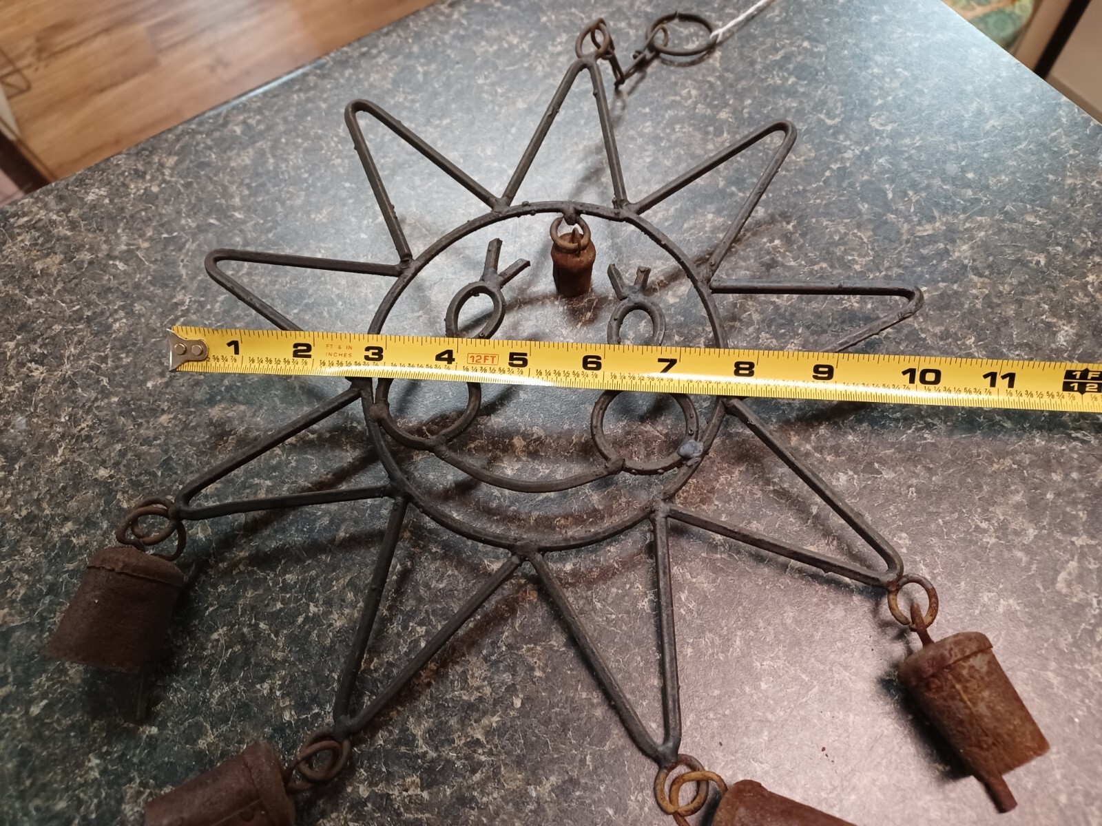 Vtg Primitive Rustic Iron Smiling Sun Rusty Bells Windchime Camel Bells Item image 4