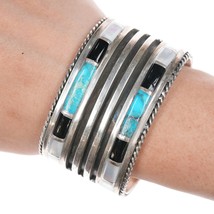 6 3/8&quot; Large Vintage Zuni Turquoise, jet, and mother of pearl silver cuff - £588.82 GBP