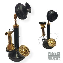 Vintage Rotary Dial Candlestick Phone Black Coated Brass Telephone Wired... - $58.35