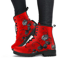 Red Combat Boots - Gray Roses | Red Boots, Boho Shoes, Handmade Lace Up ... - £70.78 GBP