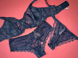 Victoria&#39;s Secret unlined 34DDD,36C BRA SET M cutout panty lot Eclipse BLUE lace - £69.58 GBP