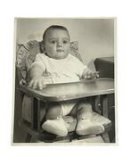 Vtg 1940&#39;s Baby in High Chair 8x10 B&amp;W Photo Surprised Startled Expression - $14.25