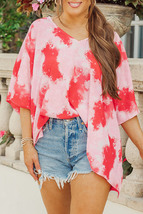 Red Plus Size Tie Dye Print 3/4 Sleeve Tunic Top - £17.28 GBP
