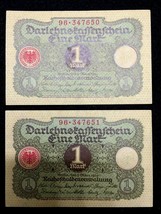 Authentic Germany 2 One Mark 1920 Bill - Uncirculated - Consecutive Numbers - £38.95 GBP