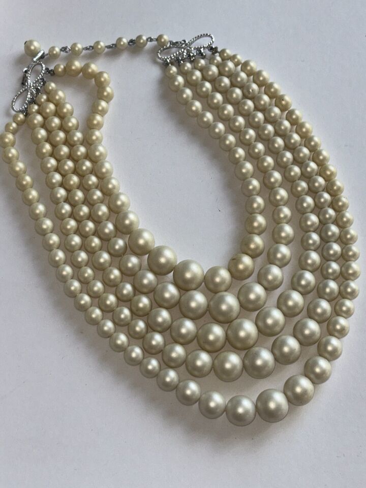 Vintage 5 Strand Necklace Faux Pearl Lovely Bridal Wedding Simple Elegan... - $48.00