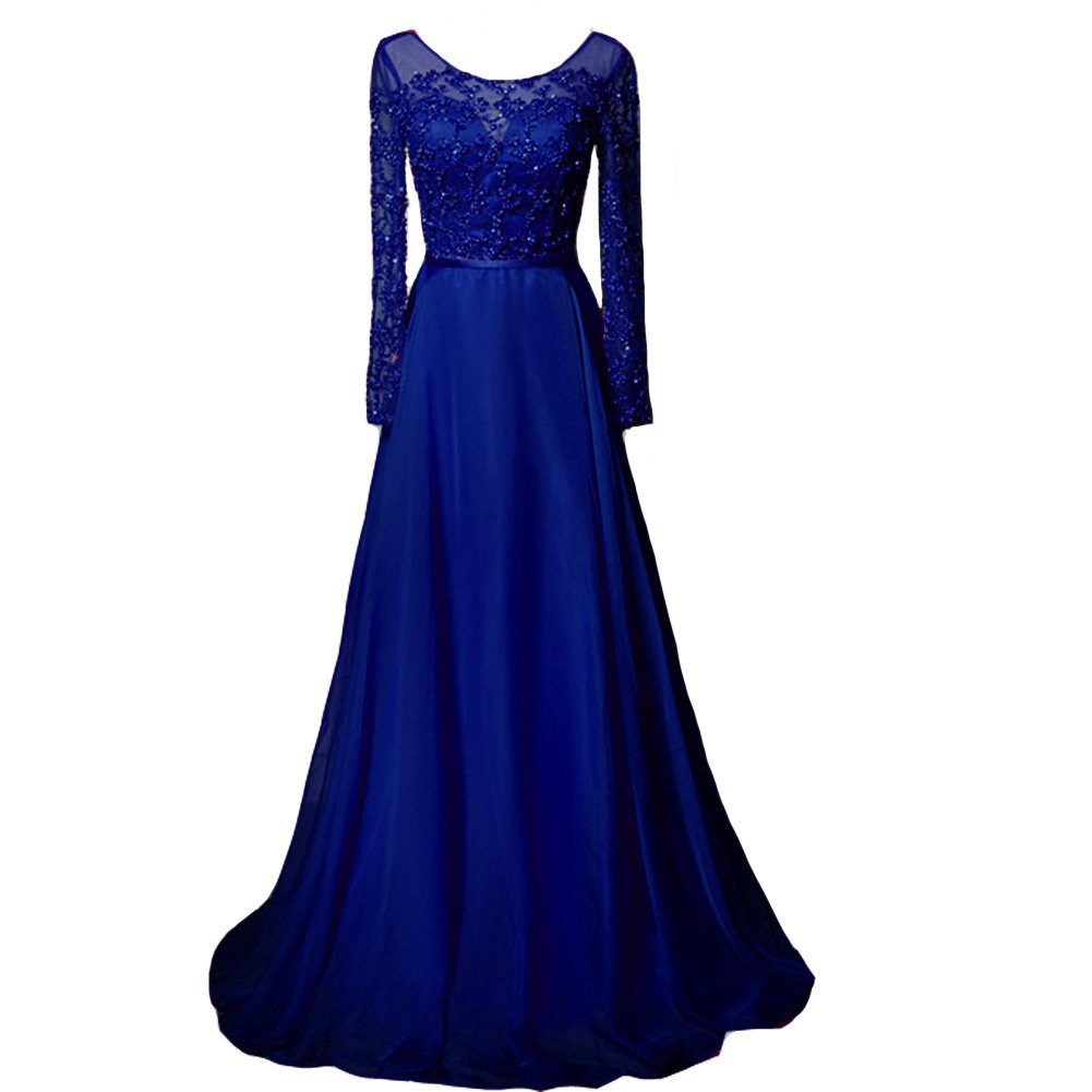 Kivary Sheer Long Sleeves A Line Women Formal Prom Dresses Beaded Evening Gowns
