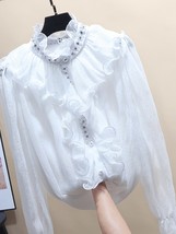 Elegant Ruffles  Beaded Stand Collar White Shirt for Women Autumn Winter New Fas - £136.80 GBP