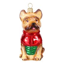 Cream French Bulldog in Puffer Coat Polish Glass Christmas Tree Ornament - $69.98